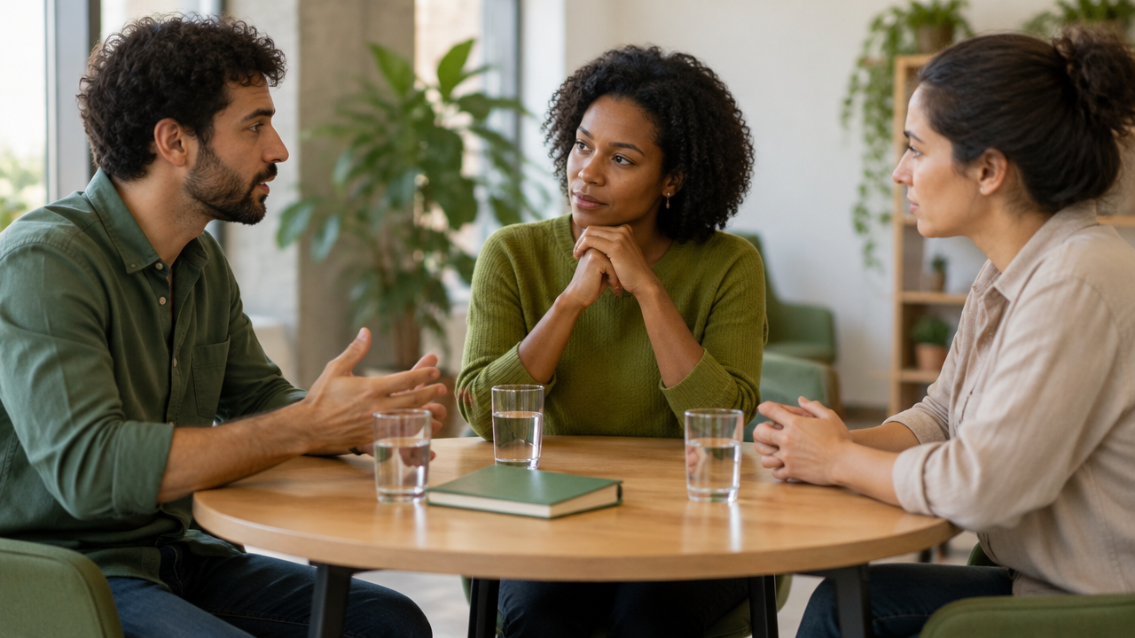 Três pessoas conversam em círculo e praticam escuta respeitosa ao abordar um desentendimento