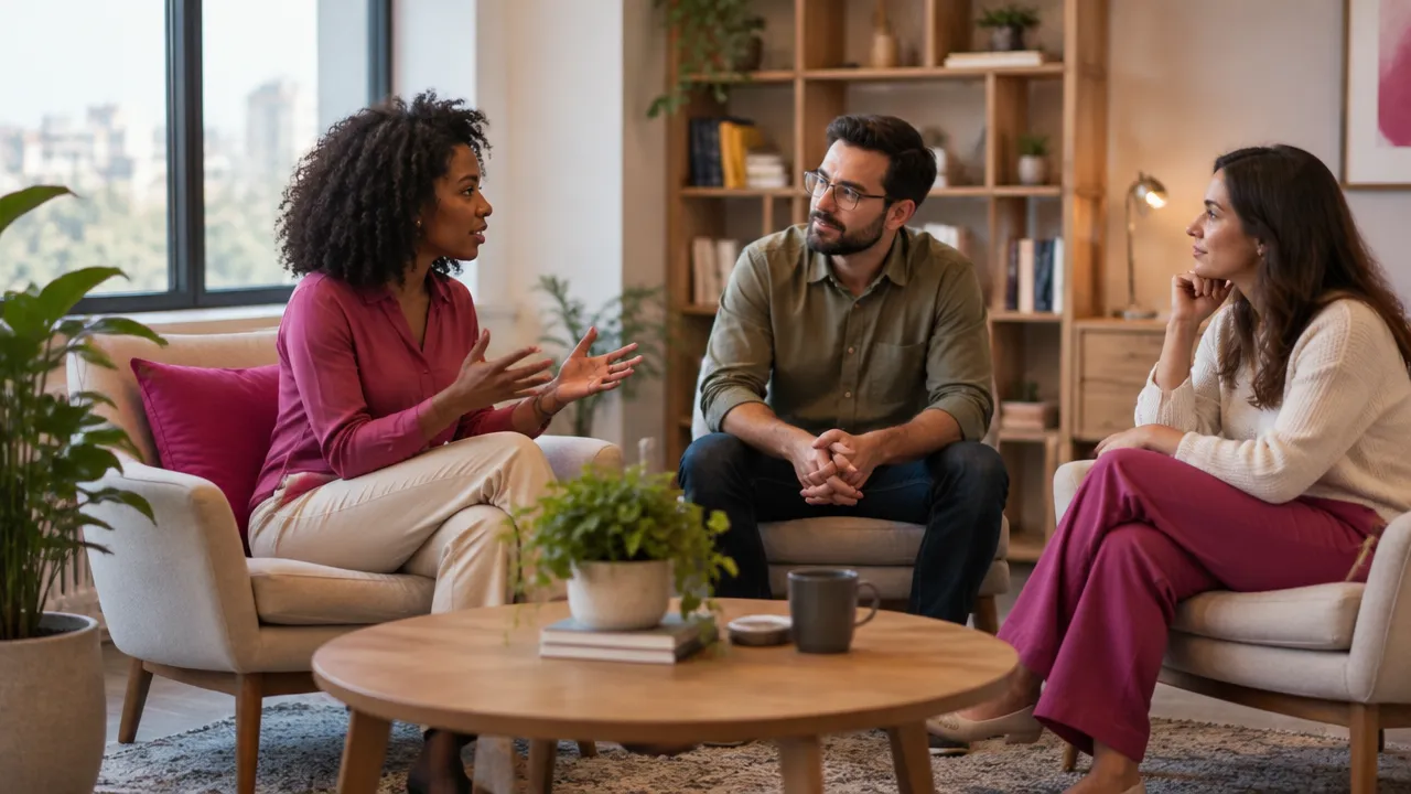 Três pessoas conversam em uma sala acolhedora, ilustrando como as relações influenciam padrões de comportamento