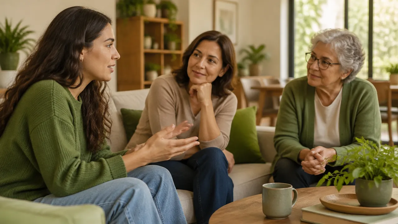 Três pessoas de diferentes gerações conversam atentamente sobre escolhas e valores em uma sala iluminada.