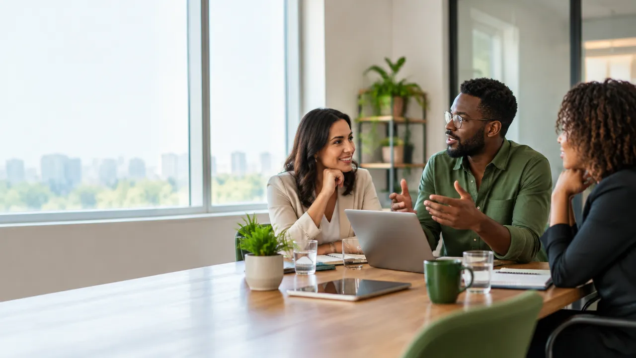 Três profissionais conversam em uma mesa de escritório, representando confiança, colaboração e alianças para o desenvolvimento profissional.