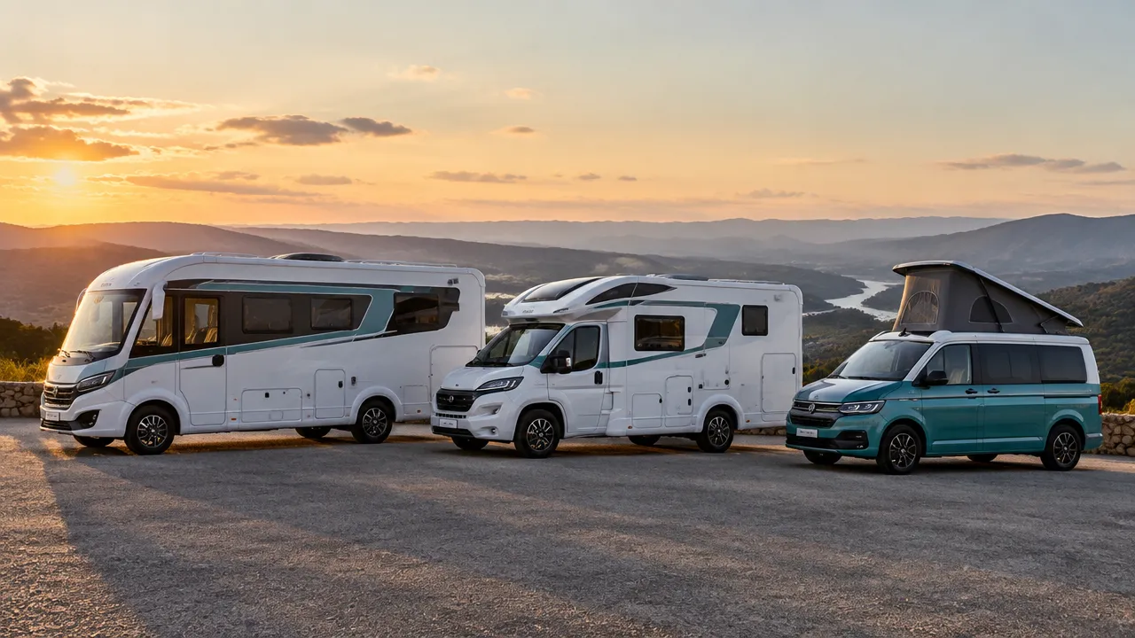 Três veículos recreativos de portes diferentes lado a lado, comparando motorhome integrado, perfilado e campervan