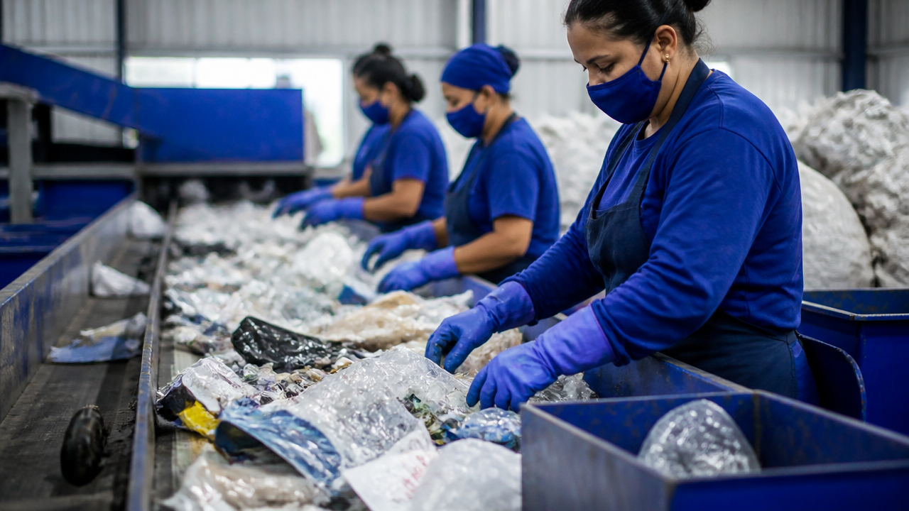 Triagem de resíduos secos em esteira com separação correta dos materiais recicláveis