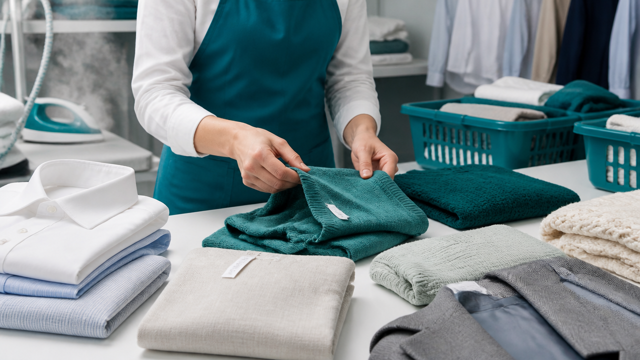 Triagem de roupas considerando tecido, cor e etiqueta em lavanderia