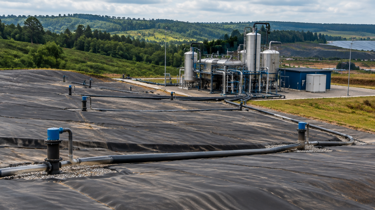 Tubulações coletam biogás de aterro e o conduzem a uma unidade de purificação para produção de biometano.