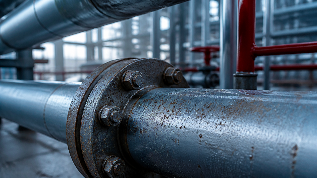 Tubulações metálicas com sinais iniciais de oxidação em ambiente industrial