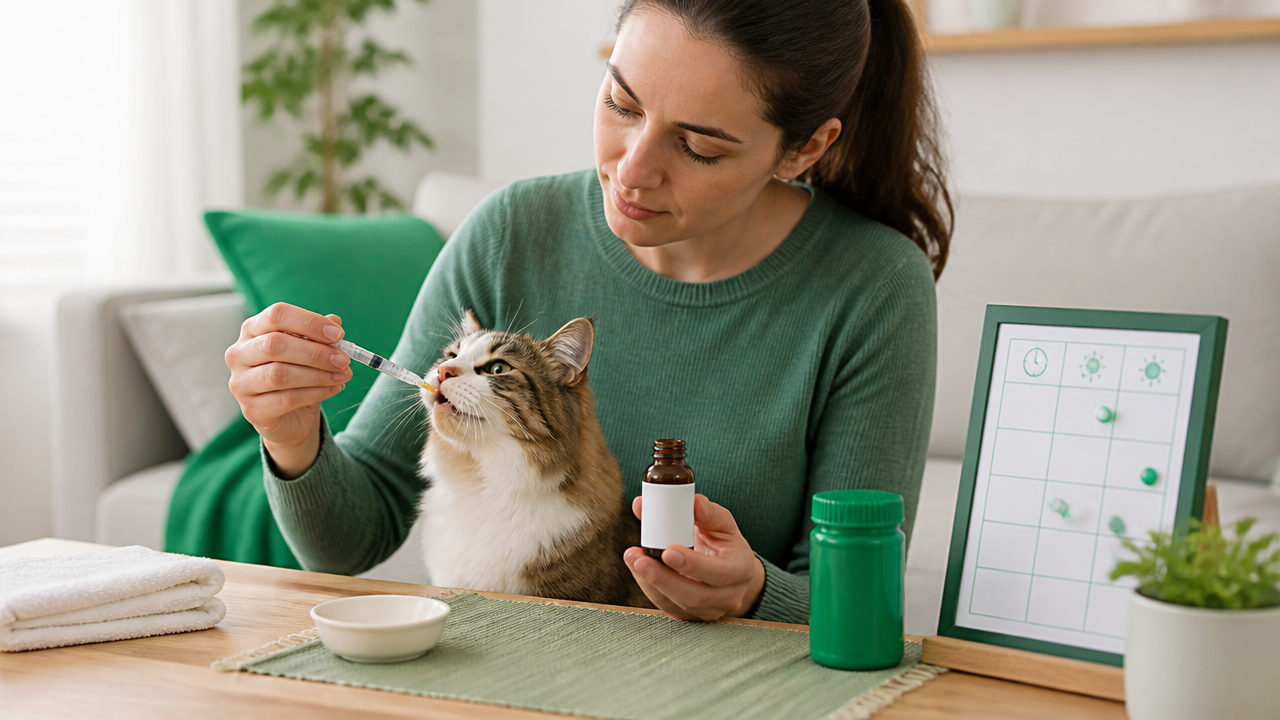 Tutor administrando medicamento líquido a um gato e seguindo cuidados de uso e armazenamento