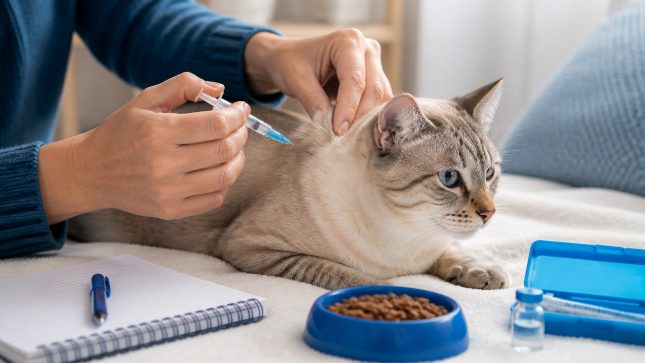 Tutor aplicando insulina em um gato com calma e rotina organizada em casa
