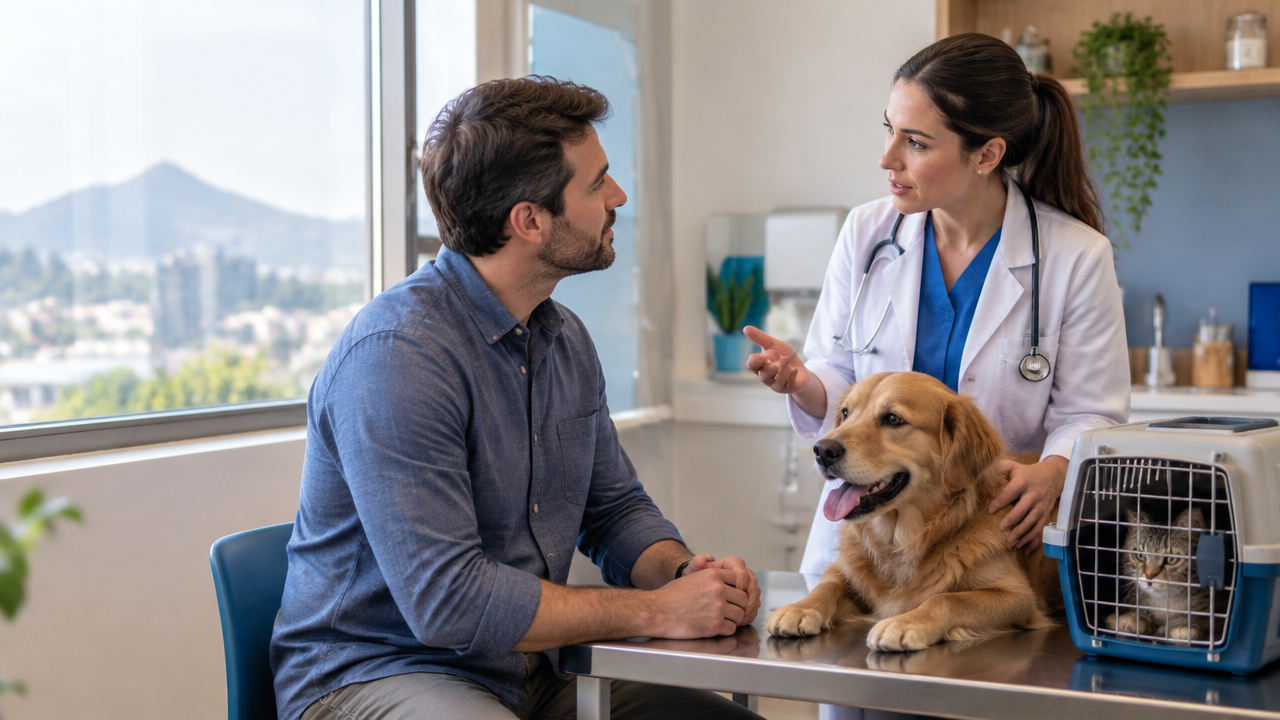 Tutor conversa com veterinária enquanto cão e gato aguardam atendimento em uma clínica acolhedora
