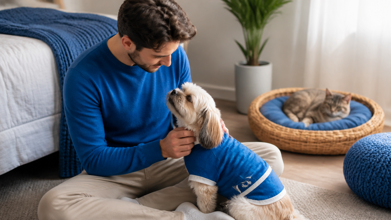 Tutor cuidando de um pet em recuperação após a castração em casa