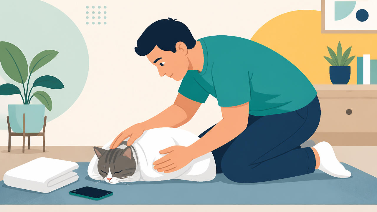 Tutor estabilizando um gato com toalha e observando a respiração antes do transporte veterinário