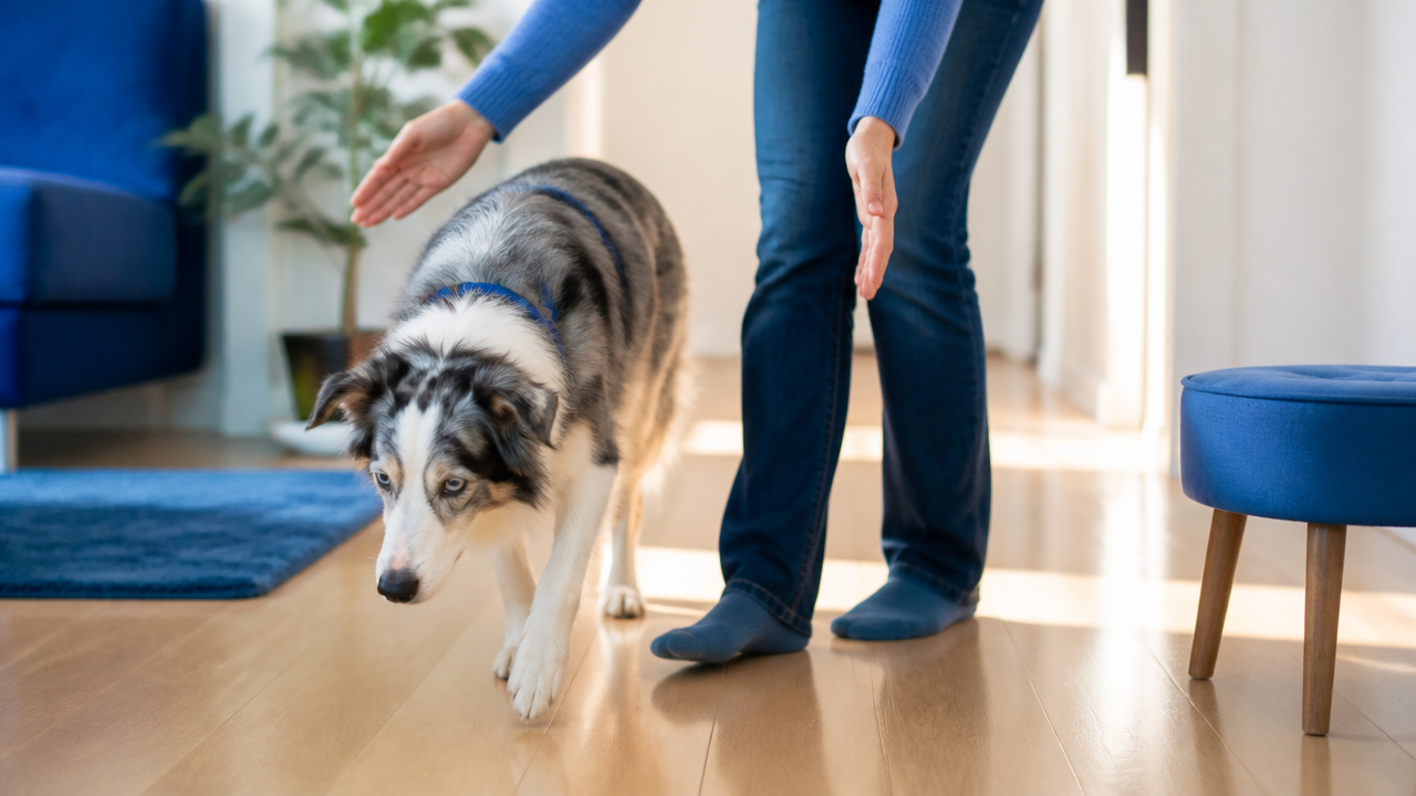 Tutor guiando com cuidado um cão em casa após notar dificuldade de visão
