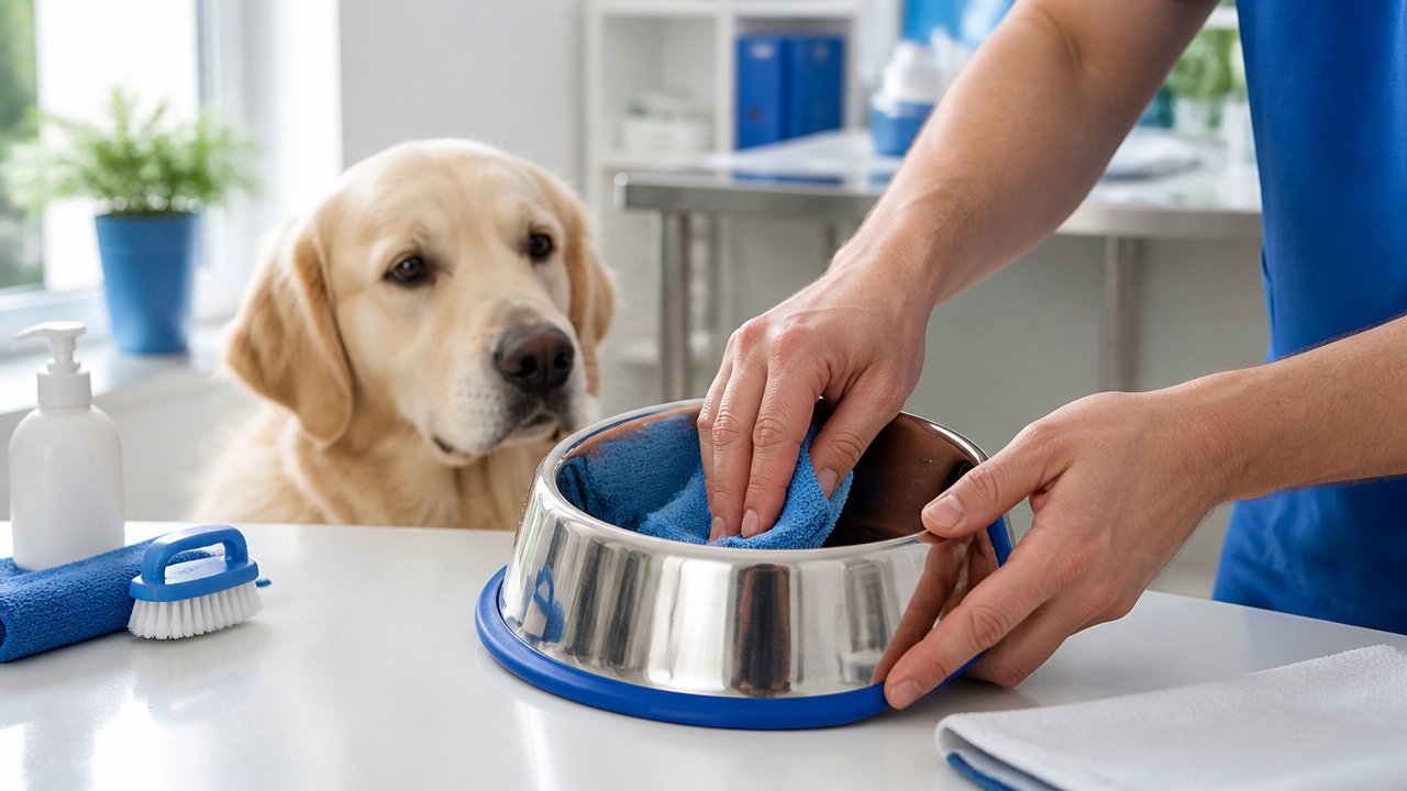 Tutor higienizando um bebedouro de aço inox enquanto um pet observa em ambiente veterinário limpo