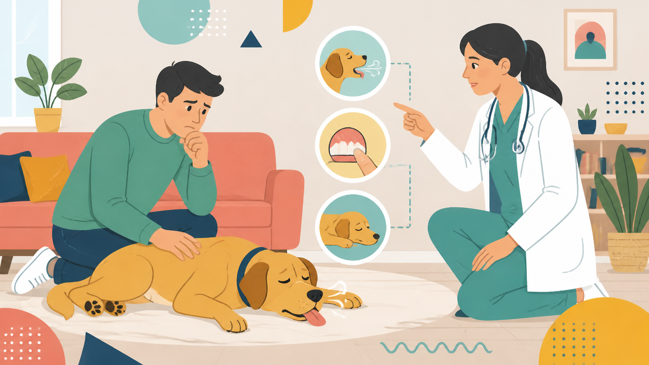 Tutor observando sinais de urgência em um cão dentro de casa com orientação veterinária visual