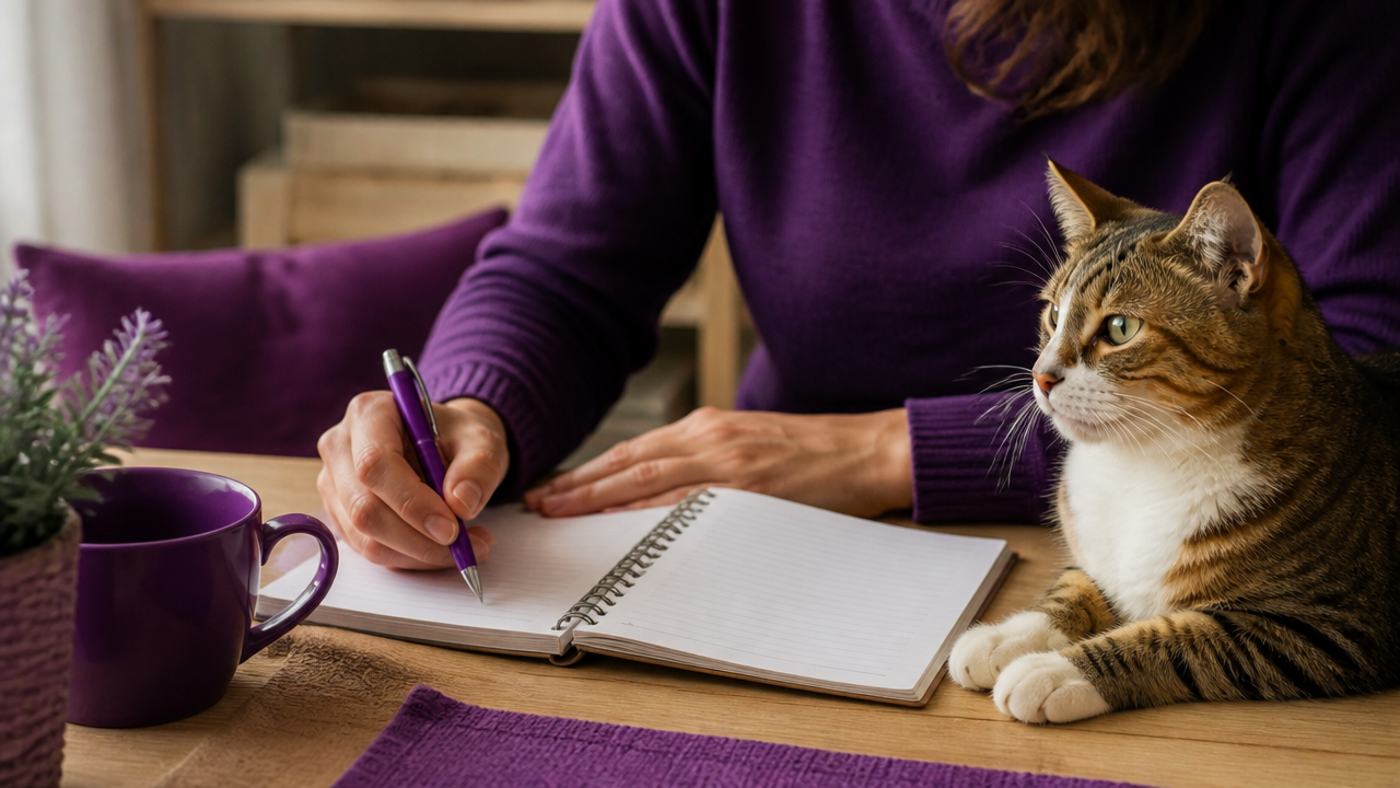 Tutor registrando sinais de comportamento e energia de um gato em casa