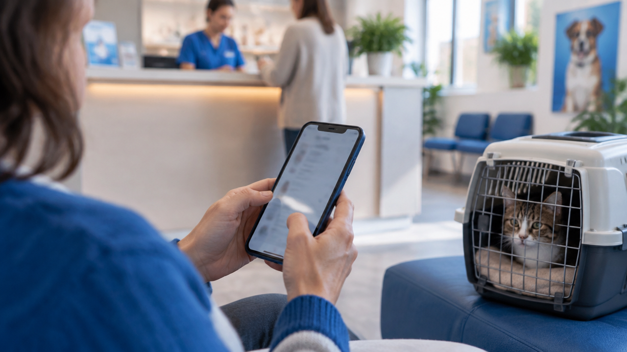 Tutora consulta avaliações de uma clínica veterinária no celular antes de agendar atendimento