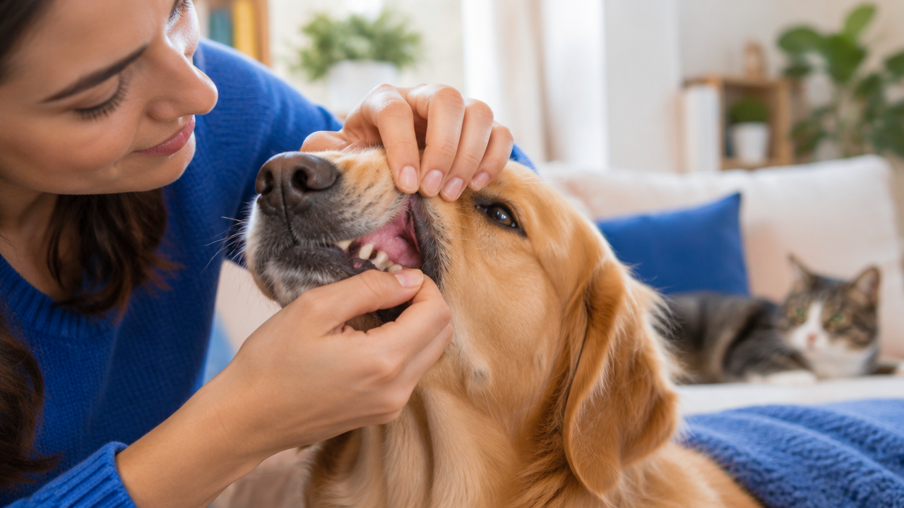 Tutora observa com delicadeza a gengiva de um cão tranquilo, com um gato ao fundo.