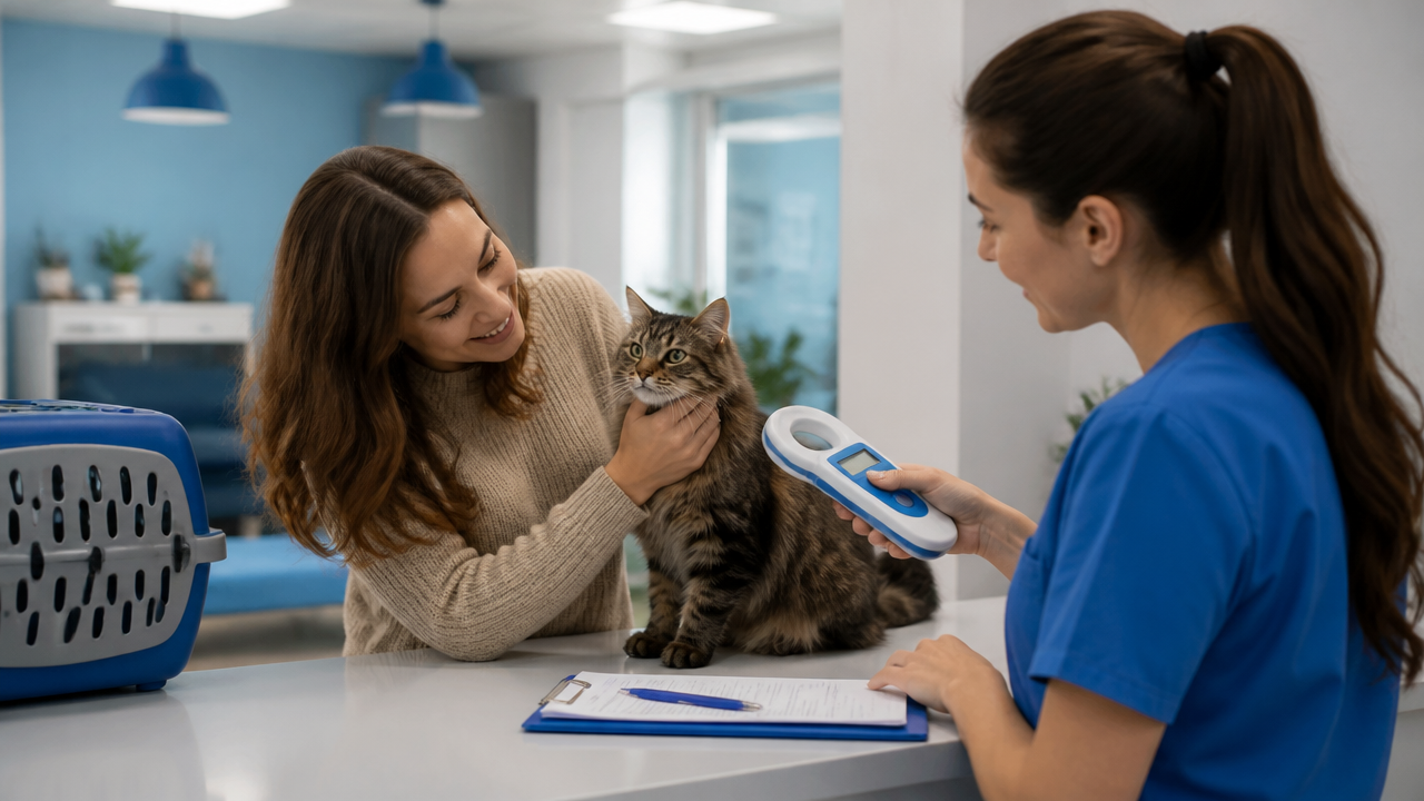 Tutora reencontrando o gato após leitura de microchip em clínica veterinária
