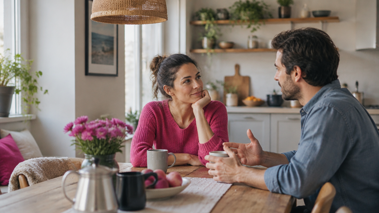 Two adult partners having a calm, attentive conversation at home about emotional connection.