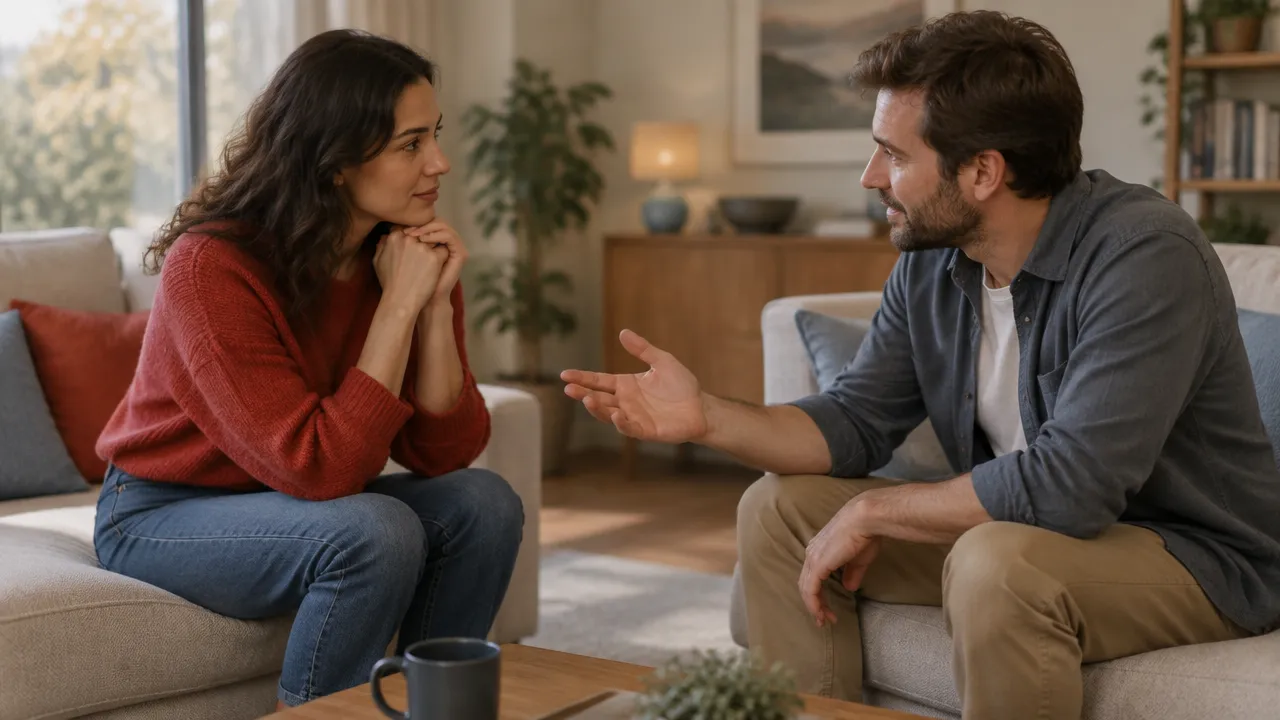 Two adult partners reconnecting through calm eye contact and a gentle gesture after tension.