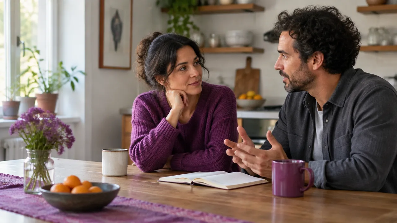 Two adult siblings discuss family patterns calmly over an open notebook at a kitchen table.