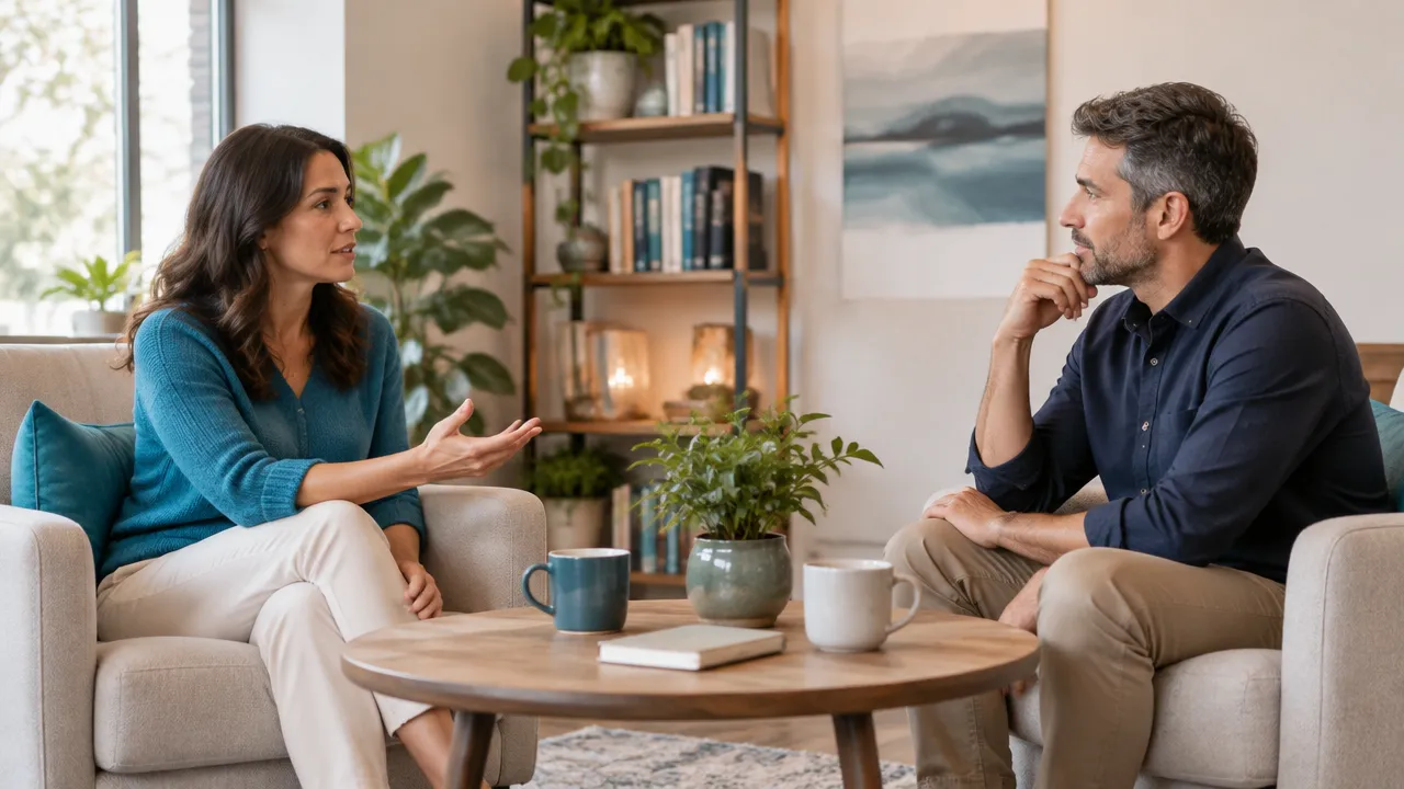 Two adults having a calm and honest conversation in a comfortable room