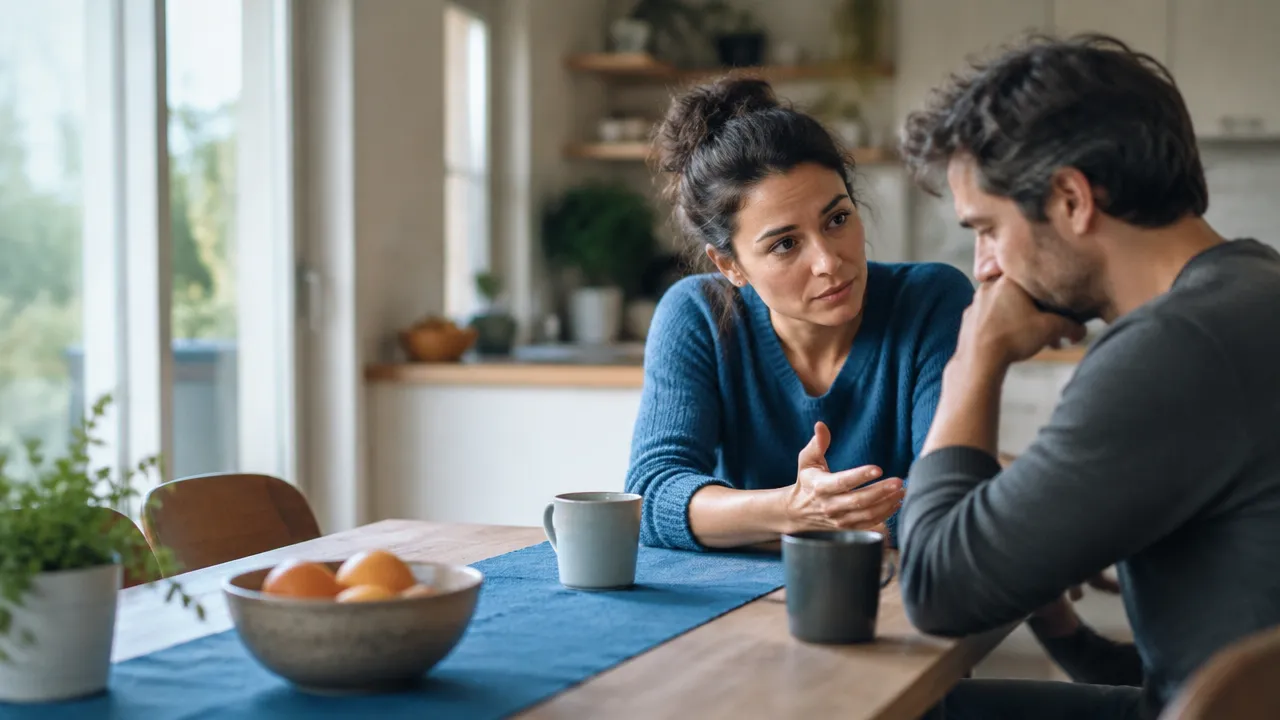Two adults having a thoughtful conversation at home, illustrating relationship patterns and emotional boundaries.
