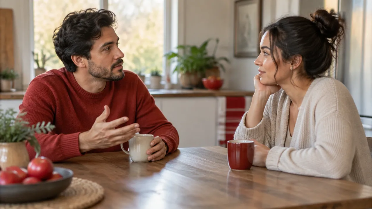 Two adults listen and speak calmly across a kitchen table during a respectful, direct conversation.