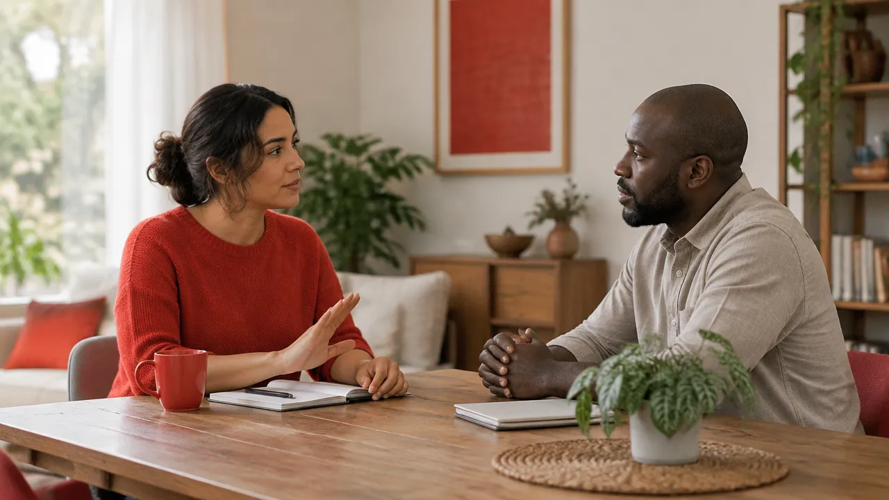 Two adults pause and listen during a calm, emotionally charged conversation