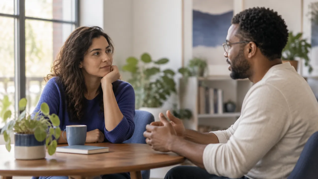 Two adults sharing a calm, attentive conversation, illustrating how supportive social connection can help people feel safer.
