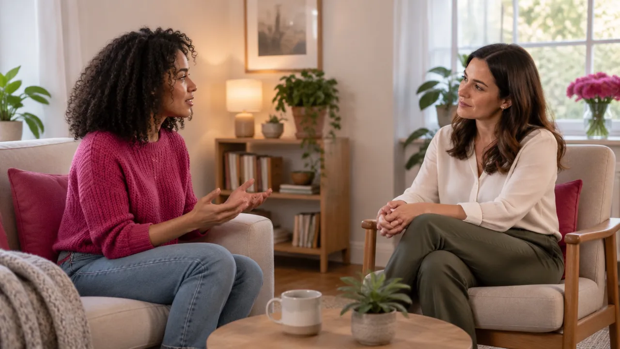 Two adults speaking attentively at eye level in a calm room, illustrating empathy and person-centered listening.