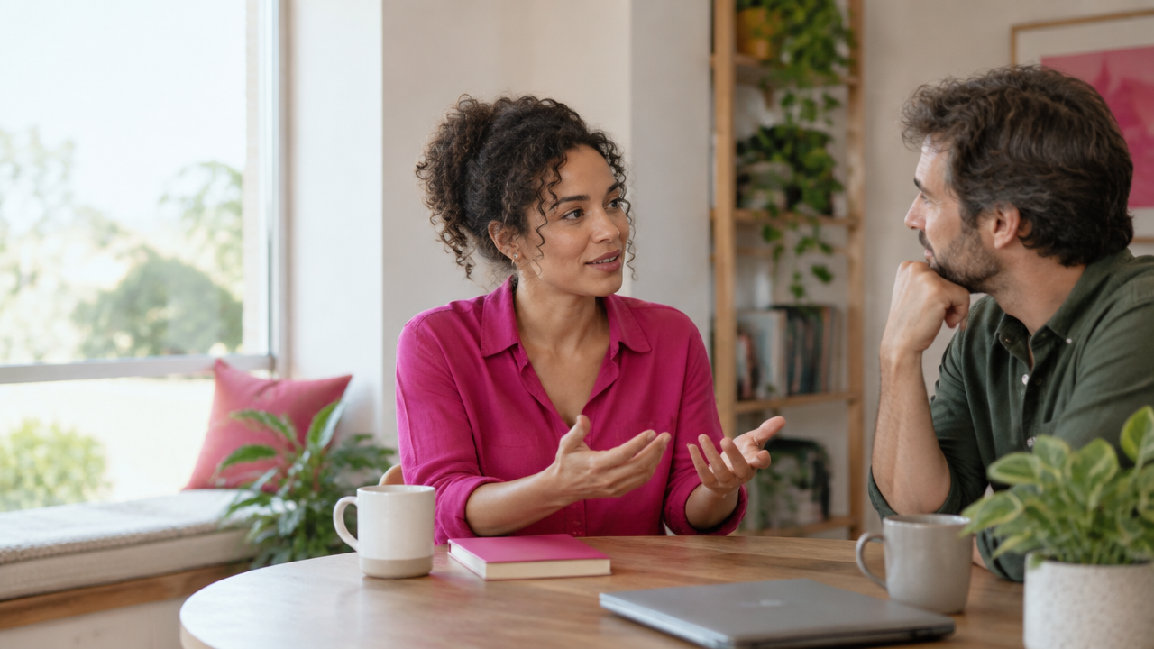 Two adults speaking calmly and listening respectfully during an assertive conversation
