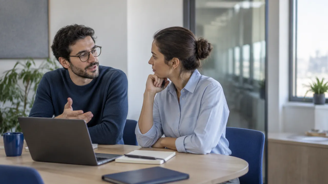 Two cofounders calmly review a business decision together