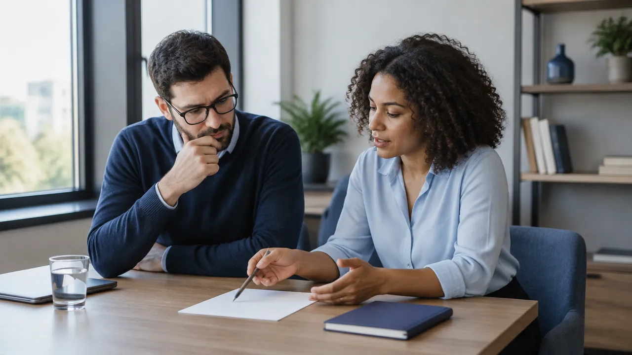 Two colleagues calmly discussing a difficult workplace decision before acting.