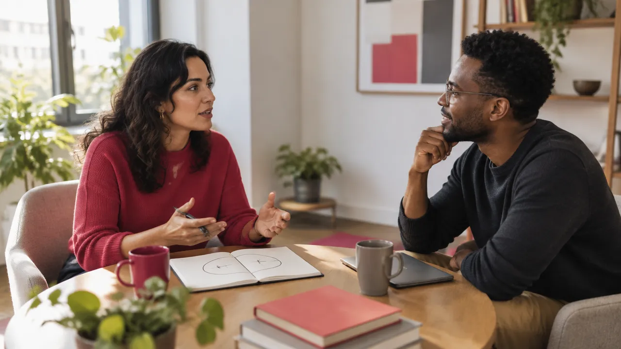 Two colleagues calmly discussing competing priorities at a workplace table