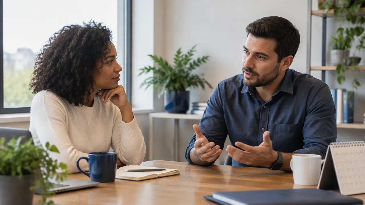 Two colleagues calmly discuss a missed commitment and agree on a practical repair.