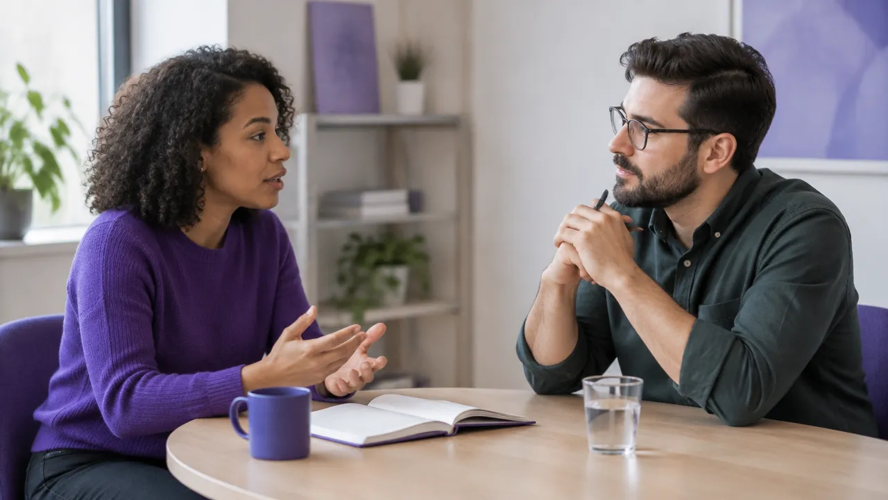 Two colleagues having a calm, attentive conversation about accountability and repairing trust.