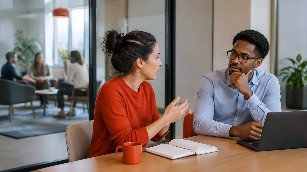 Two colleagues interacting in a meeting, showing how personality and social context combine to shape behavior.