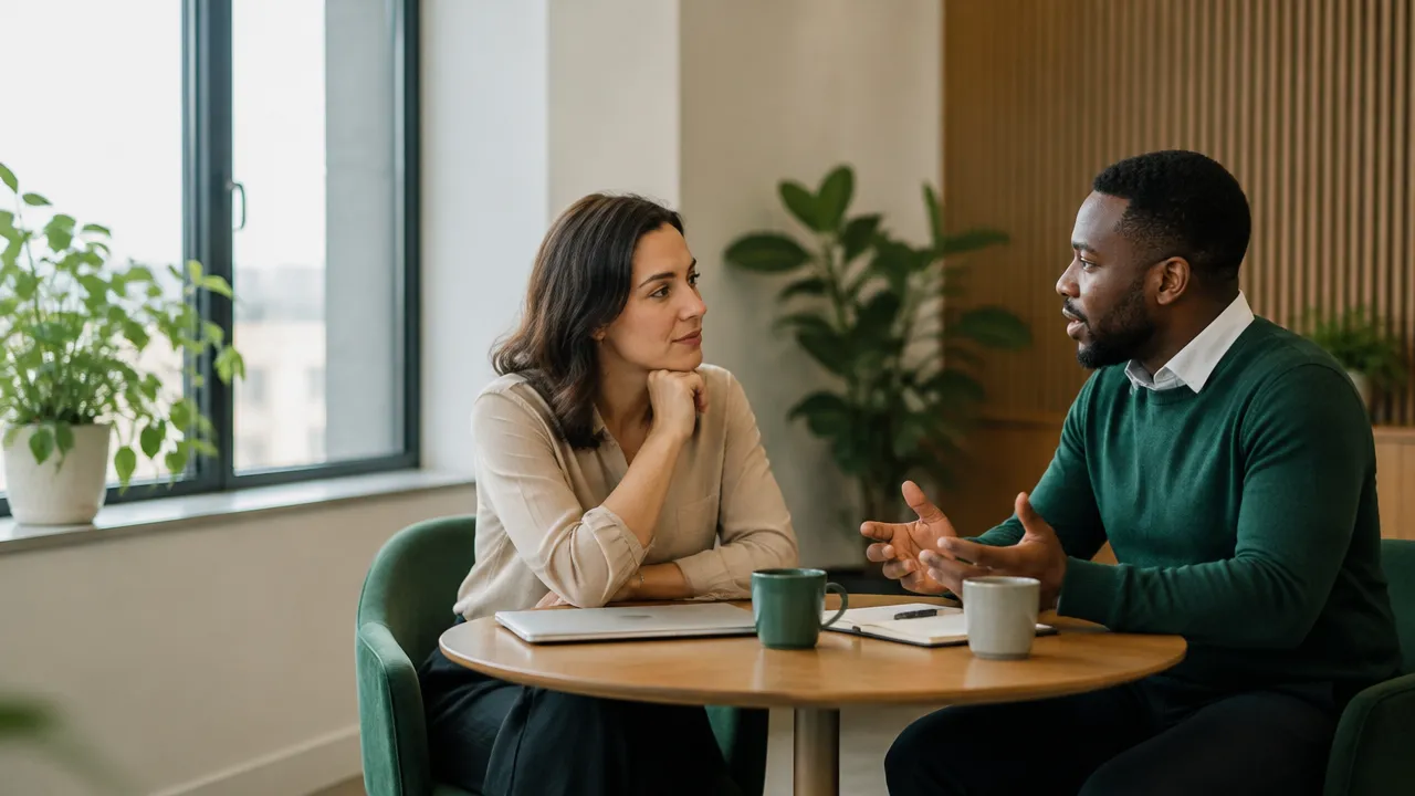 Two colleagues listening attentively to each other during a calm workplace conversation