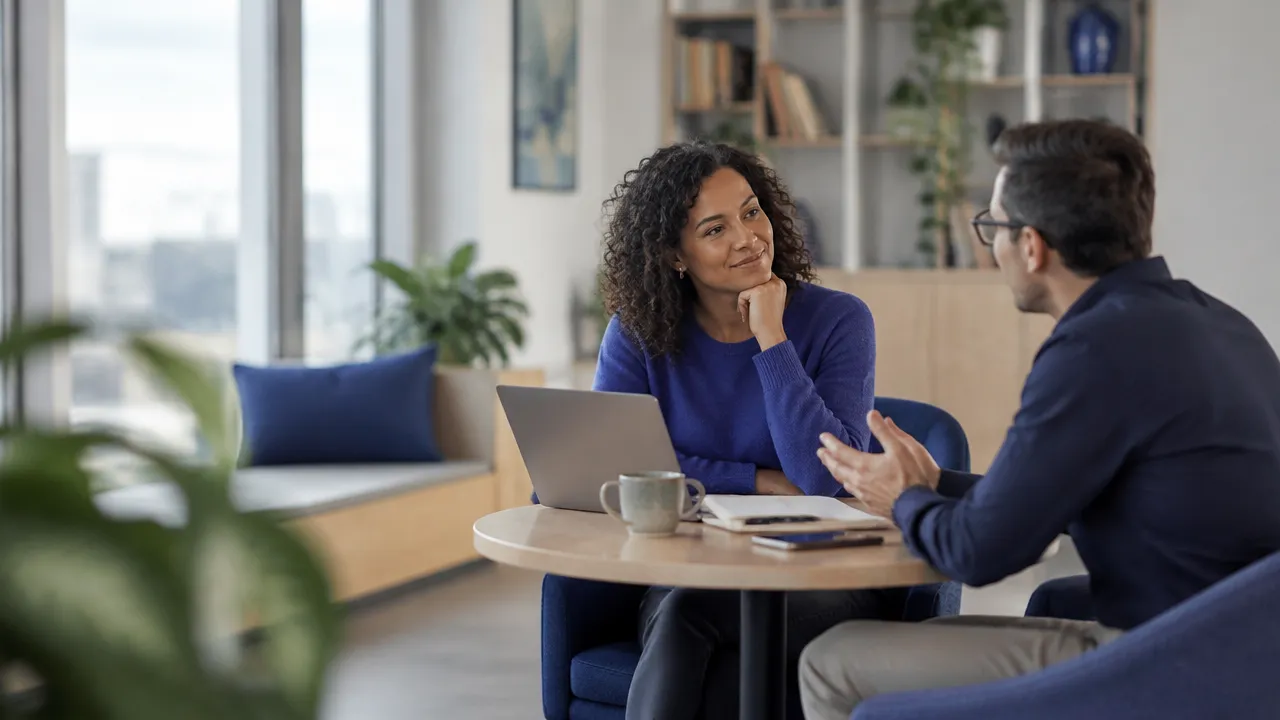 Two colleagues listening calmly to each other during a respectful conversation