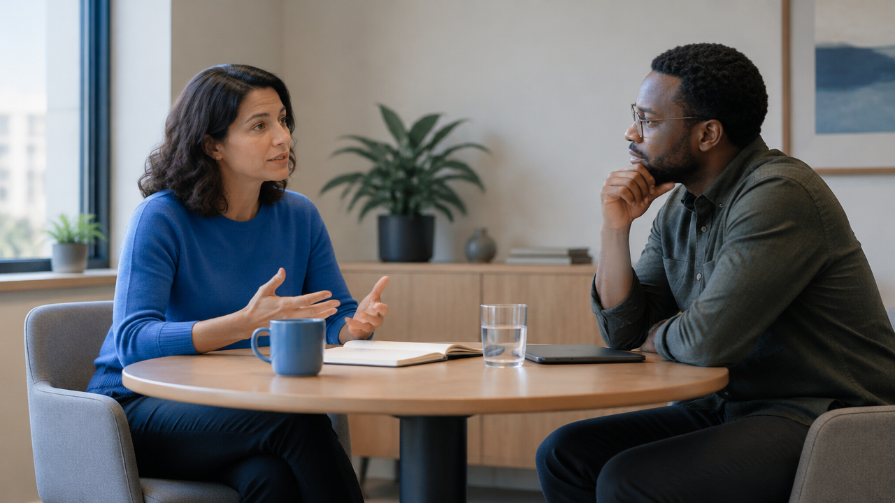 Two colleagues listening carefully during a calm, responsible conversation