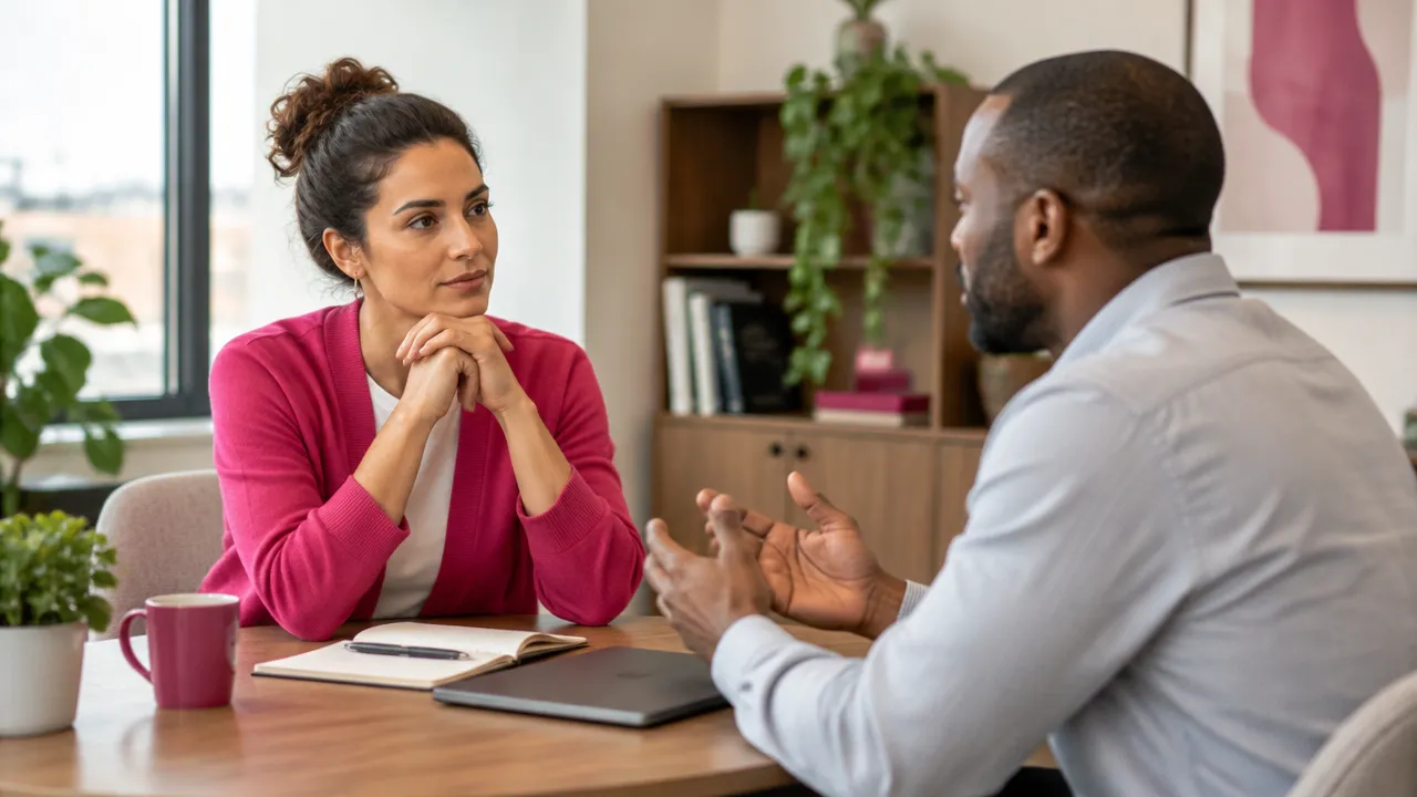 Two colleagues pause and listen attentively during a difficult conversation.