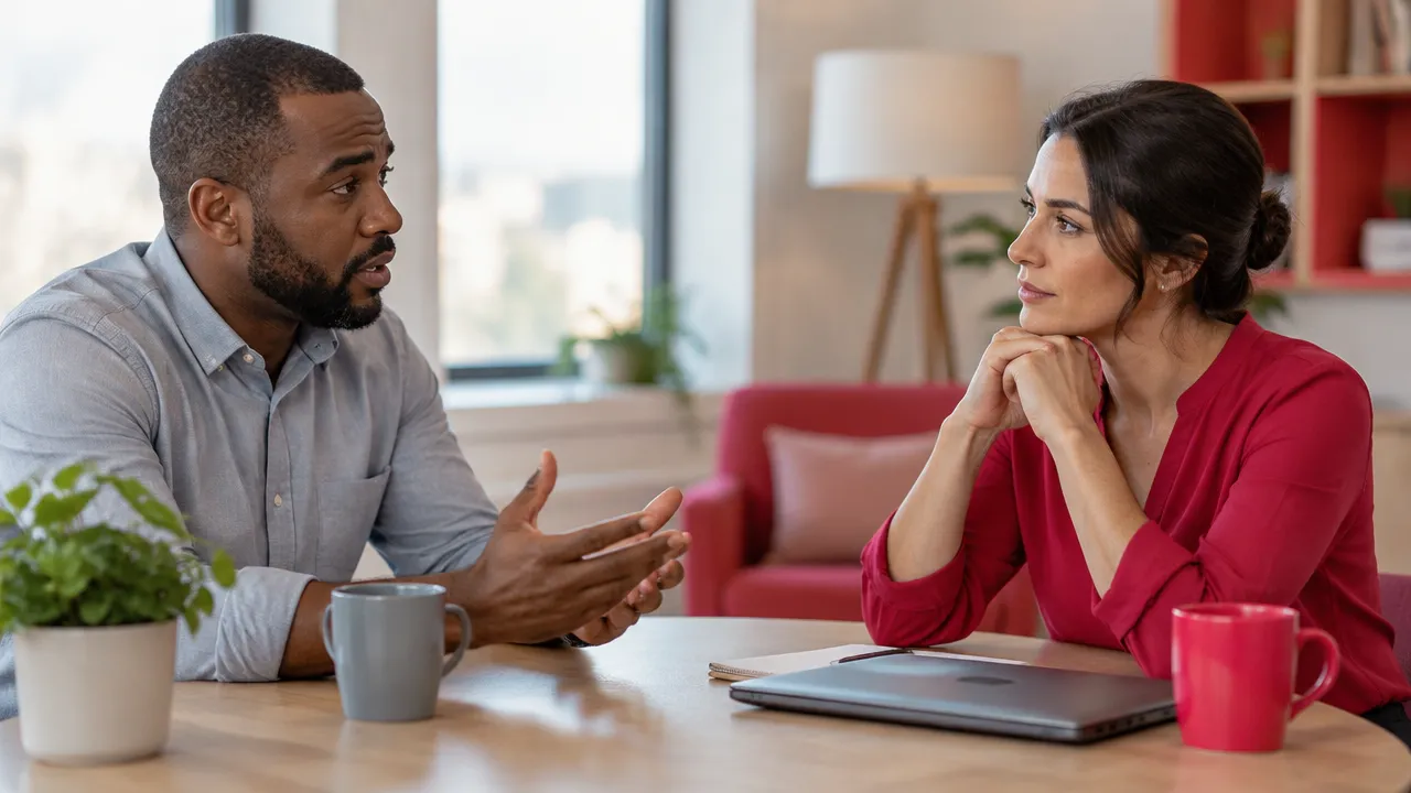 Two colleagues practice attentive listening and a measured response during a serious conversation.