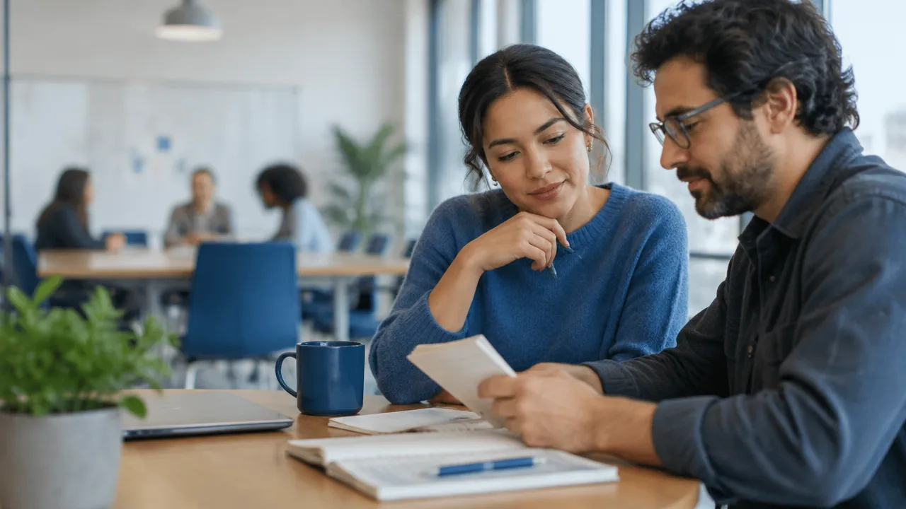 Two colleagues reflecting on workplace stories and team interactions after a meeting