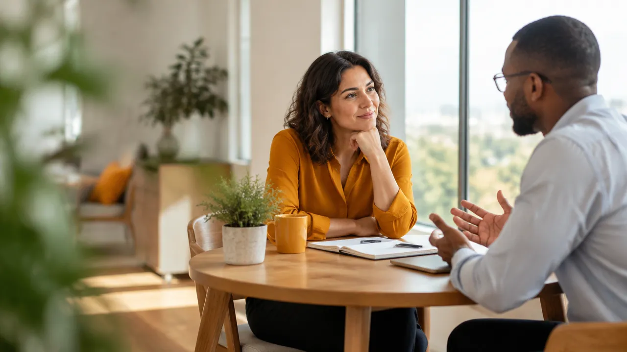 Two colleagues share a calm, attentive conversation about feedback in a bright workplace.