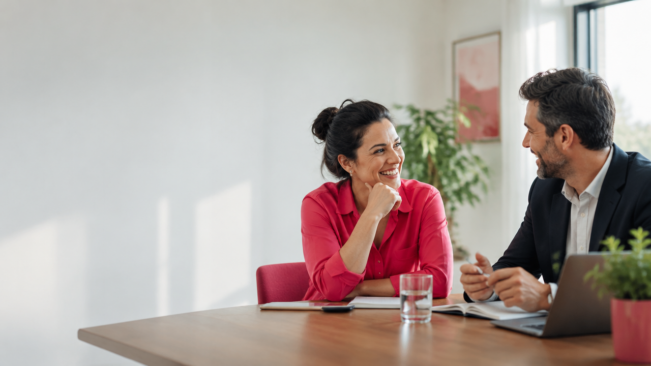 Two colleagues sharing a warm, respectful laugh during a thoughtful conversation