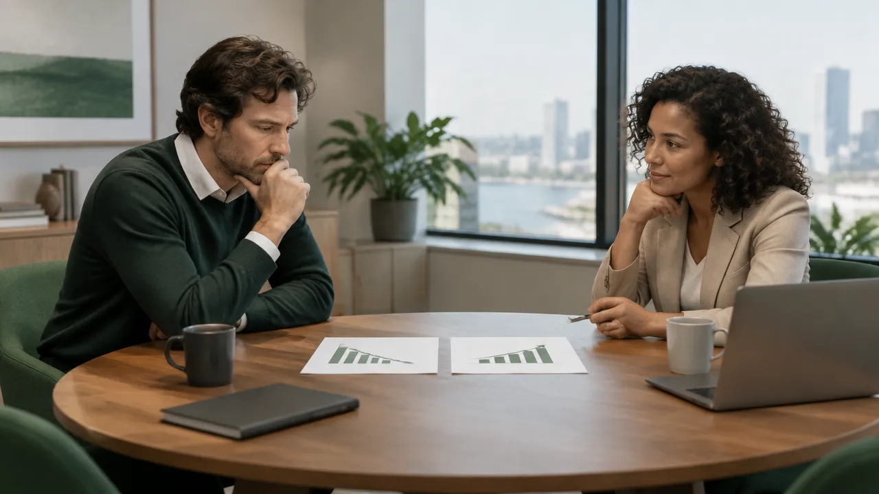 Two colleagues weighing potential gains and losses in a meeting
