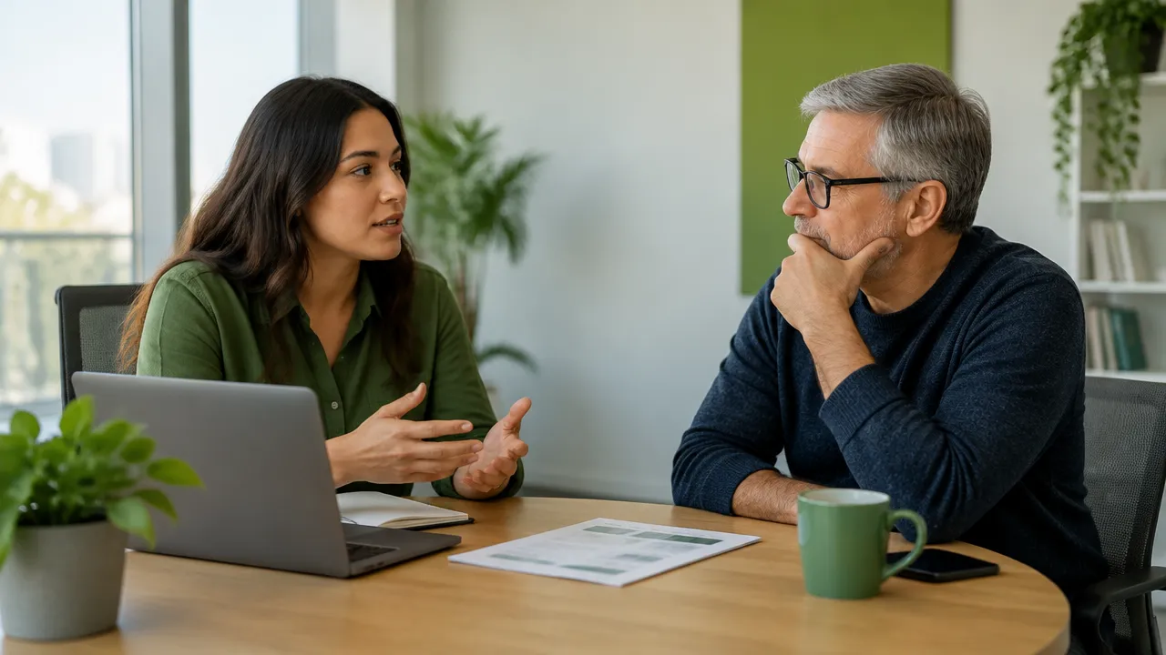 Two coworkers at different career stages discuss project feedback with attentive, respectful body language