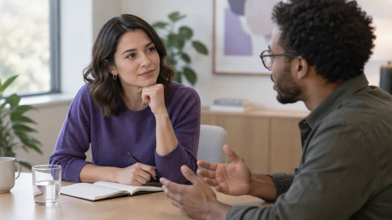 Two coworkers discuss a disagreement calmly, showing how reflection and emotional regulation can reshape a moral judgment.