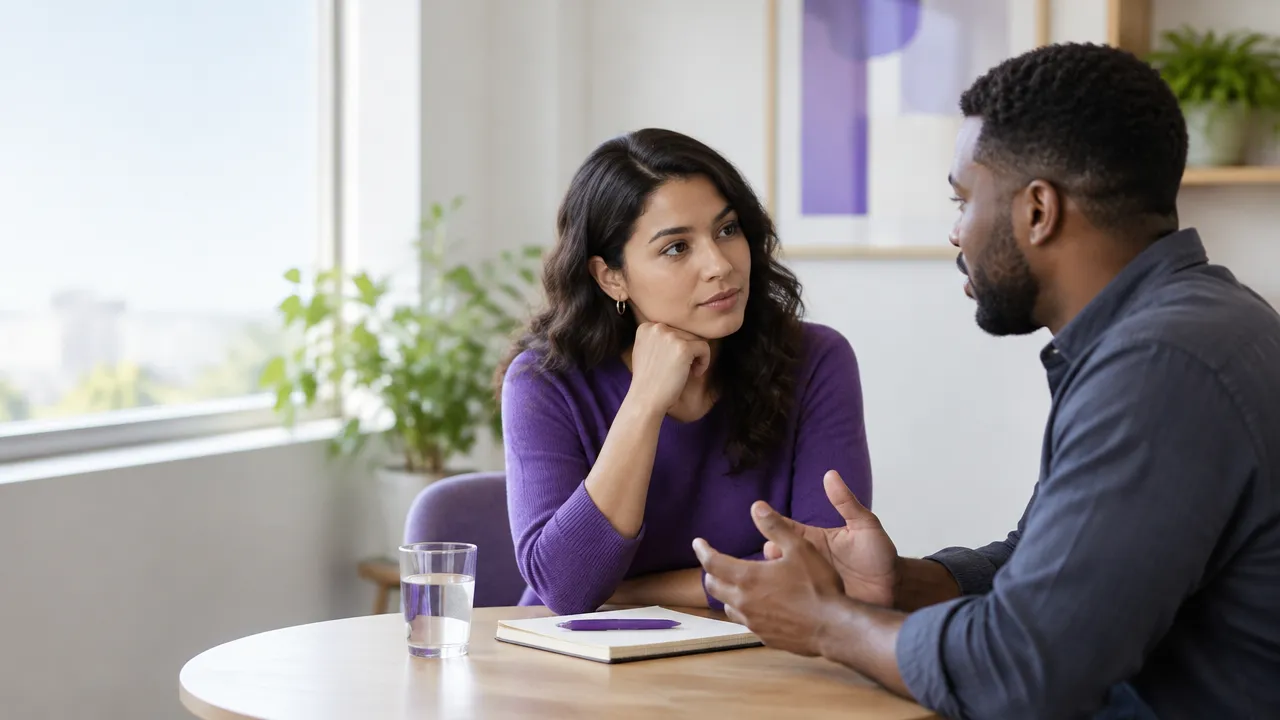 Two coworkers listen carefully while discussing an ethical concern