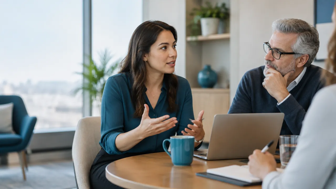 Two coworkers of different ages discussing a workplace misunderstanding with attentive body language